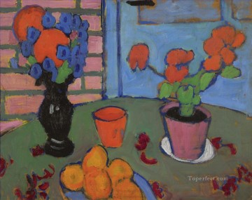 アレクセイ・ペトロヴィッチ・ボゴリュボフ Painting - 花とオレンジのある静物画 1909 アレクセイ・フォン・ヤウレンスキー
